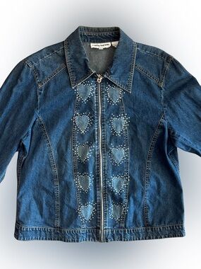 Vintage Denim Heart Zip-Front Long-Sleeved Jacket - Blue